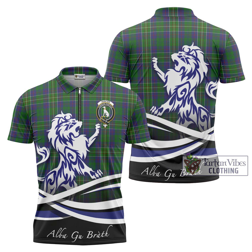 Hunter of Hunterston Tartan Zipper Polo Shirt with Alba Gu Brath Regal Lion Emblem Unisex - Tartanvibesclothing Shop