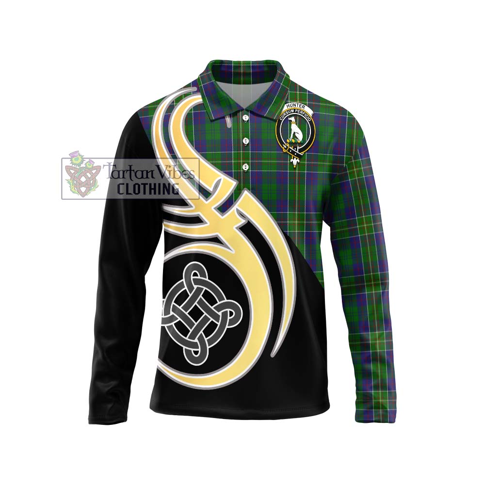 Hunter of Hunterston Tartan Long Sleeve Polo Shirt with Family Crest and Celtic Symbol Style Unisex - Tartan Vibes Clothing