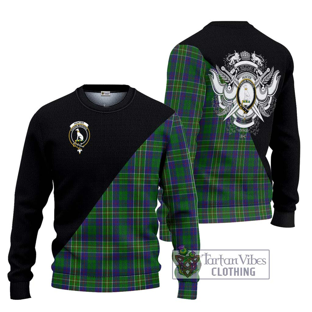 Hunter of Hunterston Tartan Knitted Sweater with Family Crest and Military Logo Style Unisex - Tartanvibesclothing Shop