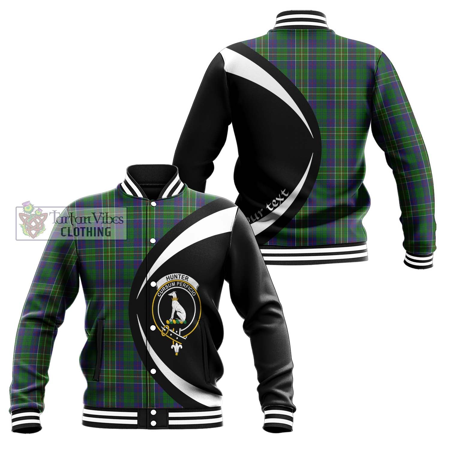 Hunter of Hunterston Tartan Baseball Jacket with Family Crest Circle Style Unisex - Tartan Vibes Clothing