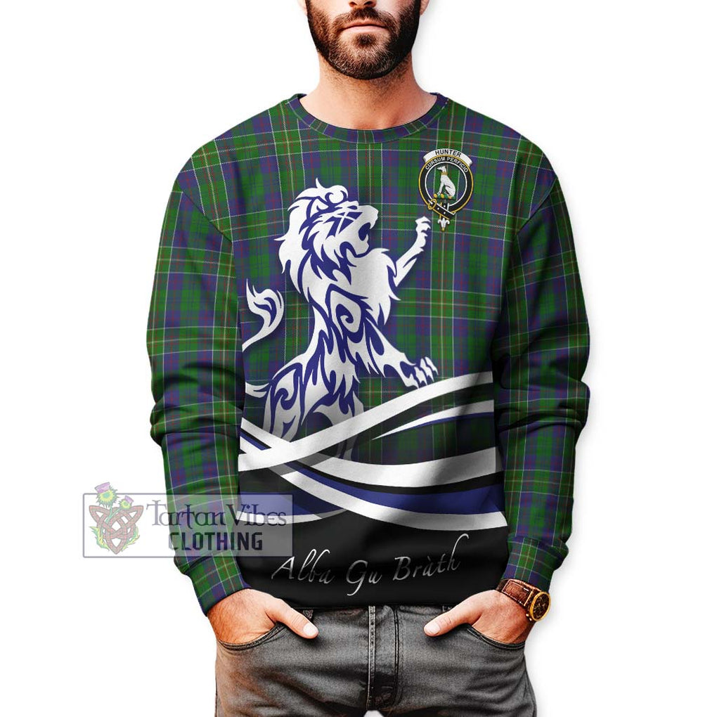 Hunter of Hunterston Tartan Sweatshirt with Alba Gu Brath Regal Lion Emblem Unisex - Tartanvibesclothing Shop