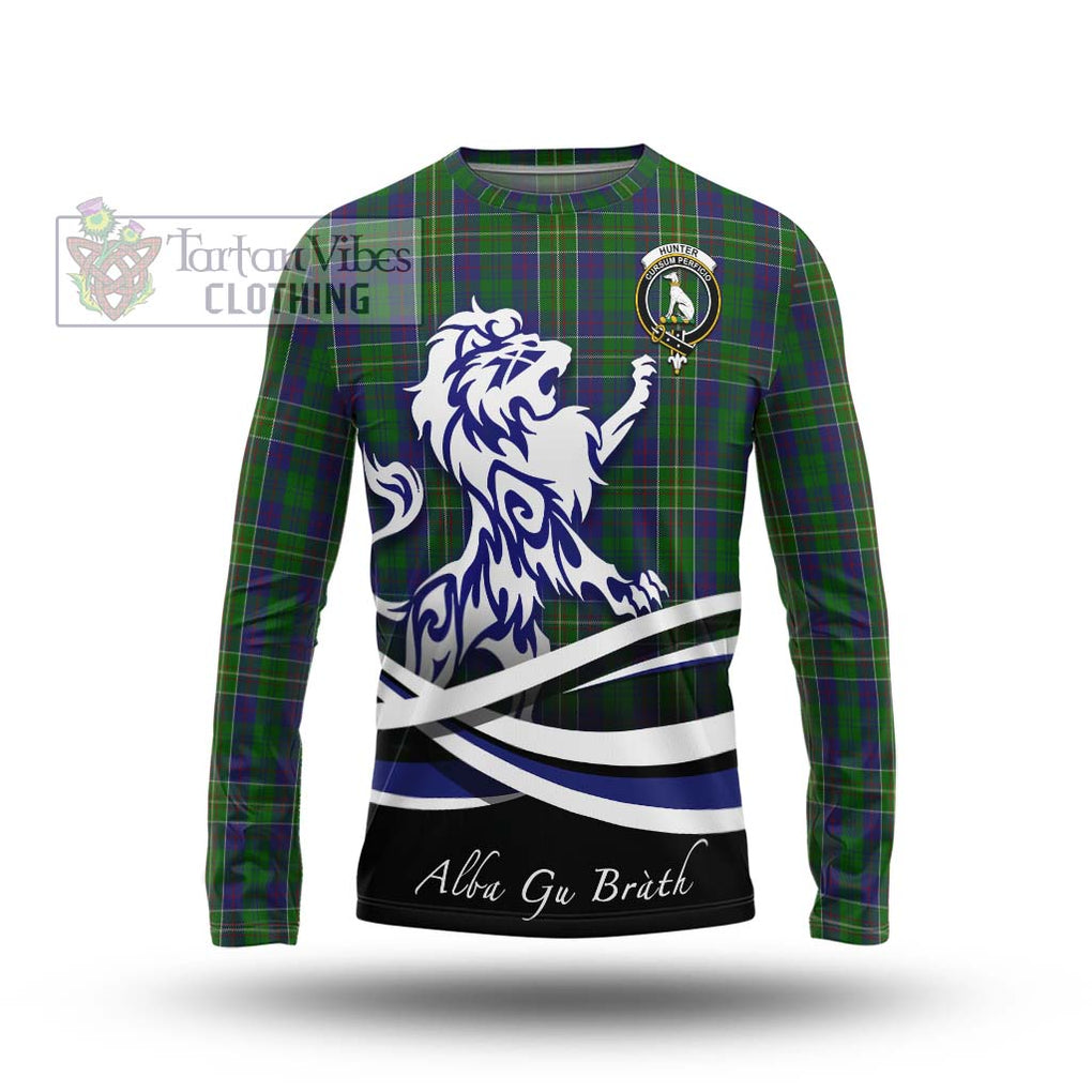 Hunter of Hunterston Tartan Long Sleeve T-Shirt with Alba Gu Brath Regal Lion Emblem Unisex - Tartanvibesclothing Shop