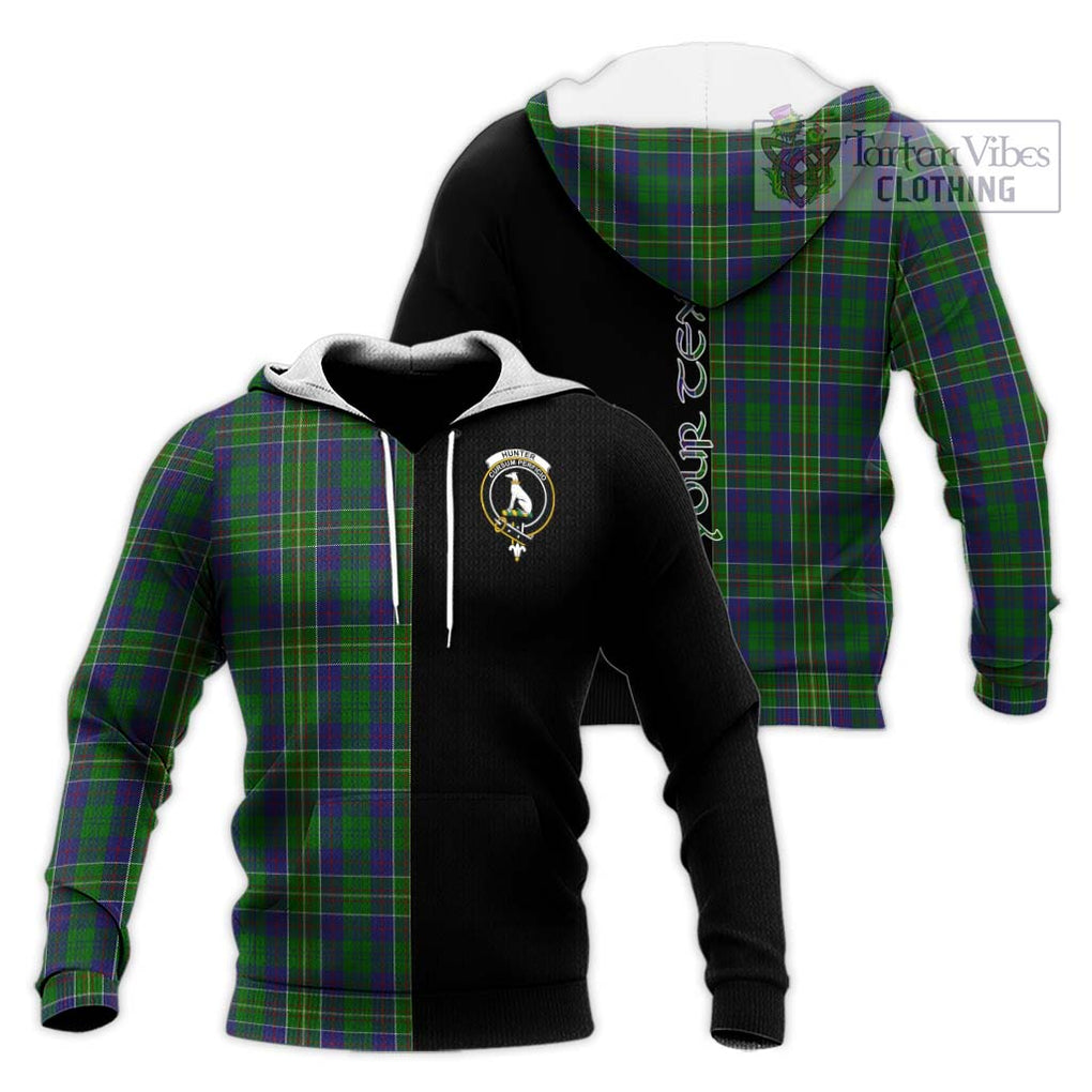 Hunter of Hunterston Tartan Knitted Hoodie with Family Crest and Half Of Me Style Unisex Knitted Pullover Hoodie - Tartanvibesclothing Shop