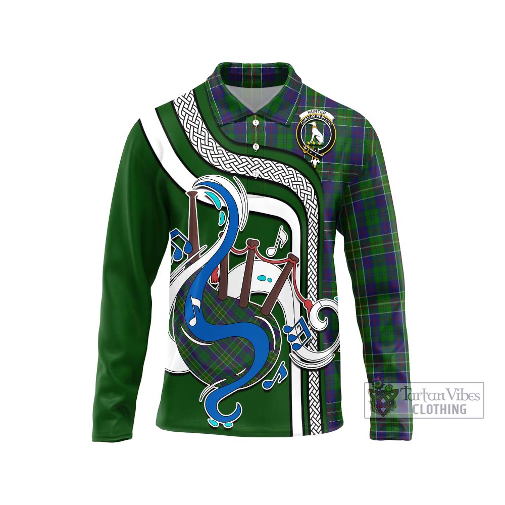 Tartan Vibes Clothing Hunter of Hunterston Tartan Long Sleeve Polo Shirt with Epic Bagpipe Style