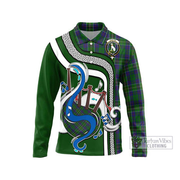 Hunter of Hunterston Tartan Long Sleeve Polo Shirt with Epic Bagpipe Style