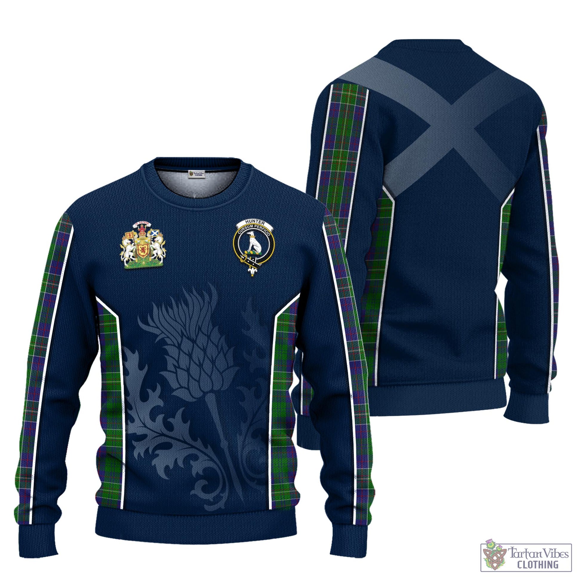 Tartan Vibes Clothing Hunter of Hunterston Tartan Knitted Sweatshirt with Family Crest and Scottish Thistle Vibes Sport Style