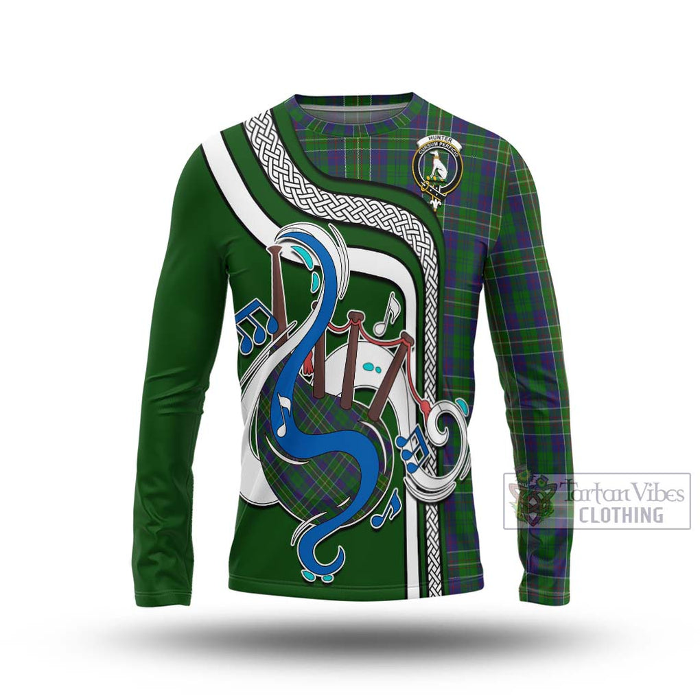 Tartan Vibes Clothing Hunter of Hunterston Tartan Long Sleeve T-Shirt with Epic Bagpipe Style