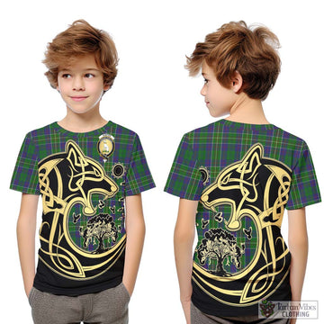 Hunter of Hunterston Tartan Kid T-Shirt with Family Crest Celtic Wolf Style