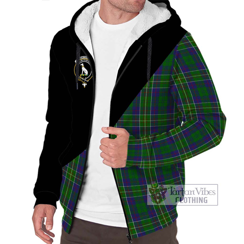 Hunter of Hunterston Tartan Sherpa Hoodie with Family Crest and Military Logo Style Unisex S - Tartanvibesclothing Shop