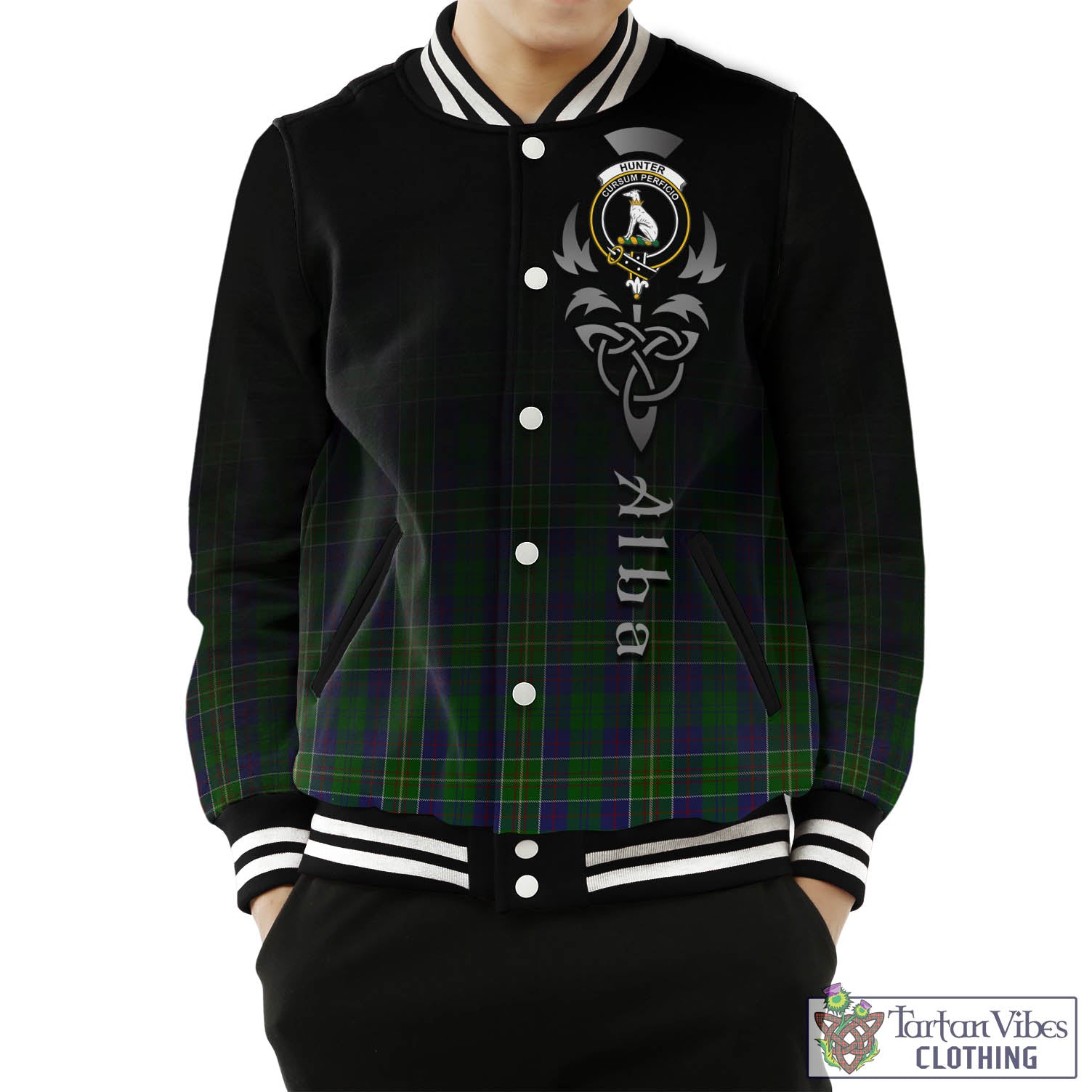 Tartan Vibes Clothing Hunter of Hunterston Tartan Baseball Jacket Featuring Alba Gu Brath Family Crest Celtic Inspired