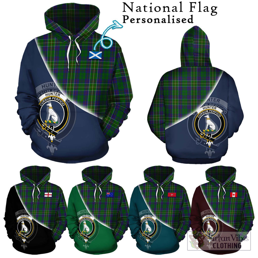 Hunter of Hunterston Tartan Hoodie with Personalised National Flag and Family Crest Half Style Zip Hoodie - Tartanvibesclothing Shop