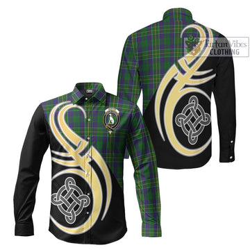 Hunter of Hunterston Tartan Long Sleeve Button Shirt with Family Crest and Celtic Symbol Style