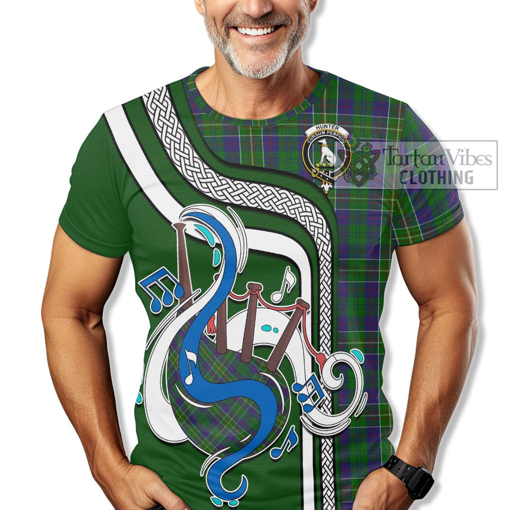 Hunter of Hunterston Tartan T-Shirt with Epic Bagpipe Style Kid's Shirt - Tartanvibesclothing Shop