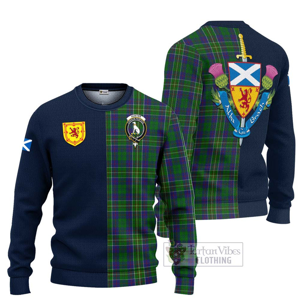 Tartan Vibes Clothing Hunter of Hunterston Tartan Knitted Sweater with Scottish Lion Royal Arm Half Style