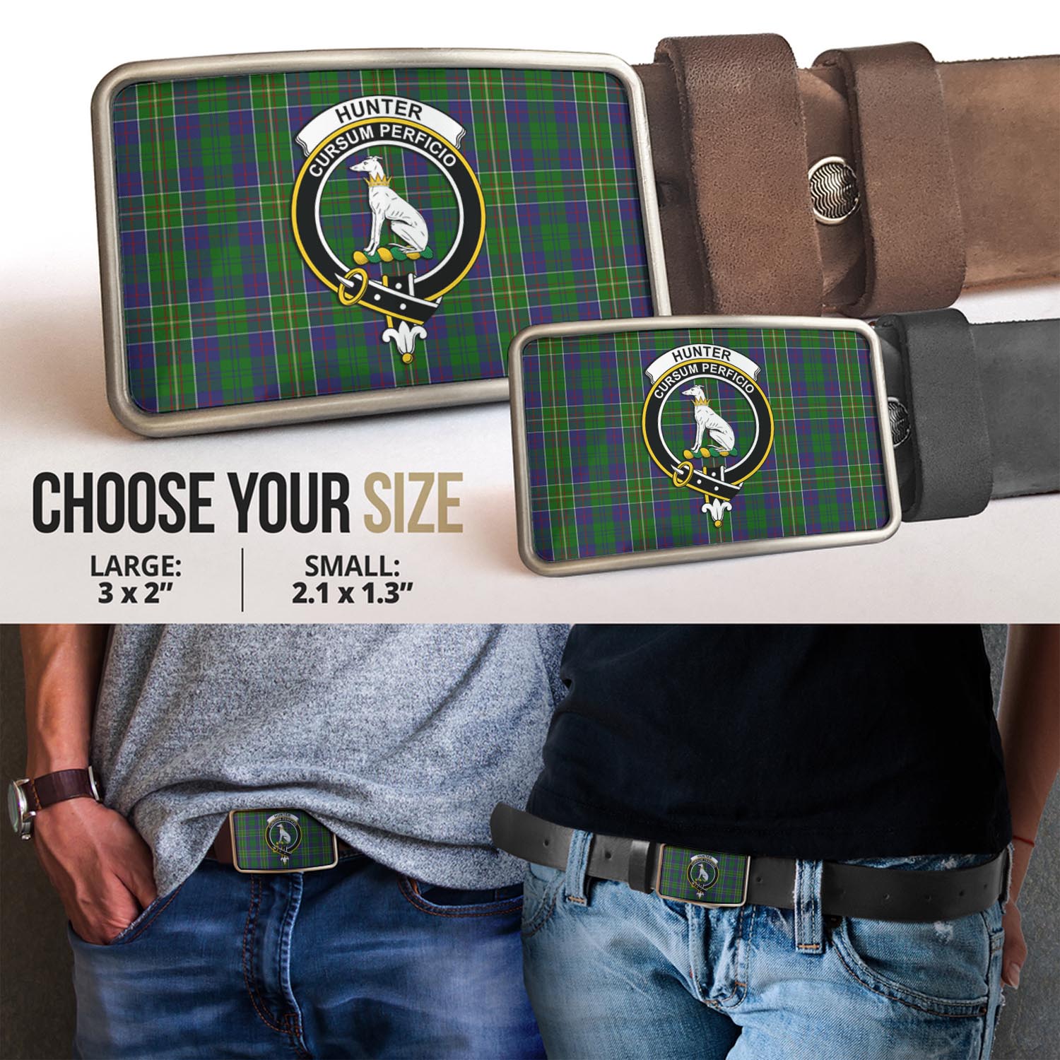 Hunter of Hunterston Tartan Belt Buckles with Family Crest - Tartan Vibes Clothing