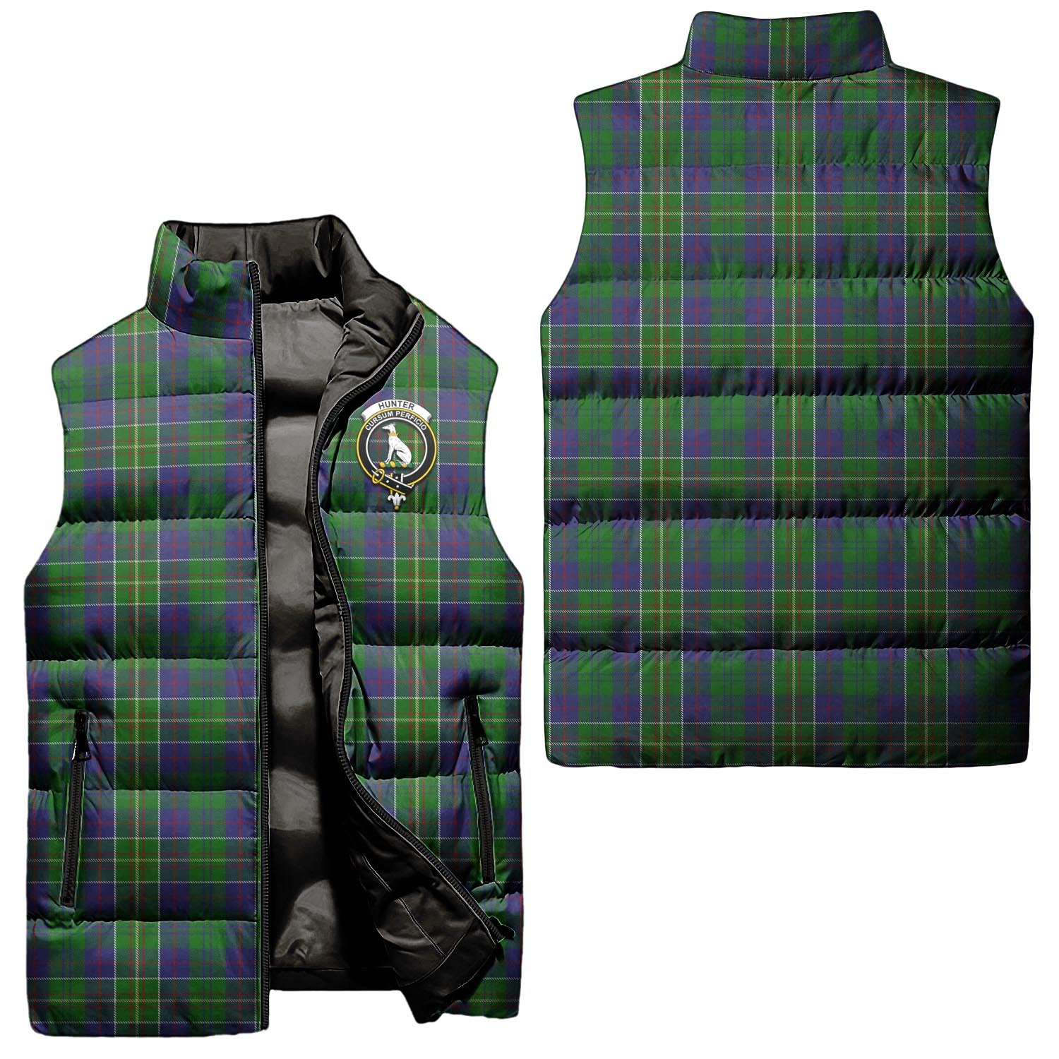 Hunter of Hunterston Tartan Sleeveless Puffer Jacket with Family Crest Unisex - Tartanvibesclothing