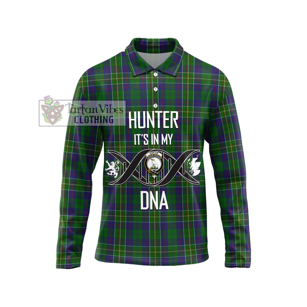 Hunter of Hunterston Tartan Long Sleeve Polo Shirt with Family Crest DNA In Me Style Unisex - Tartanvibesclothing Shop