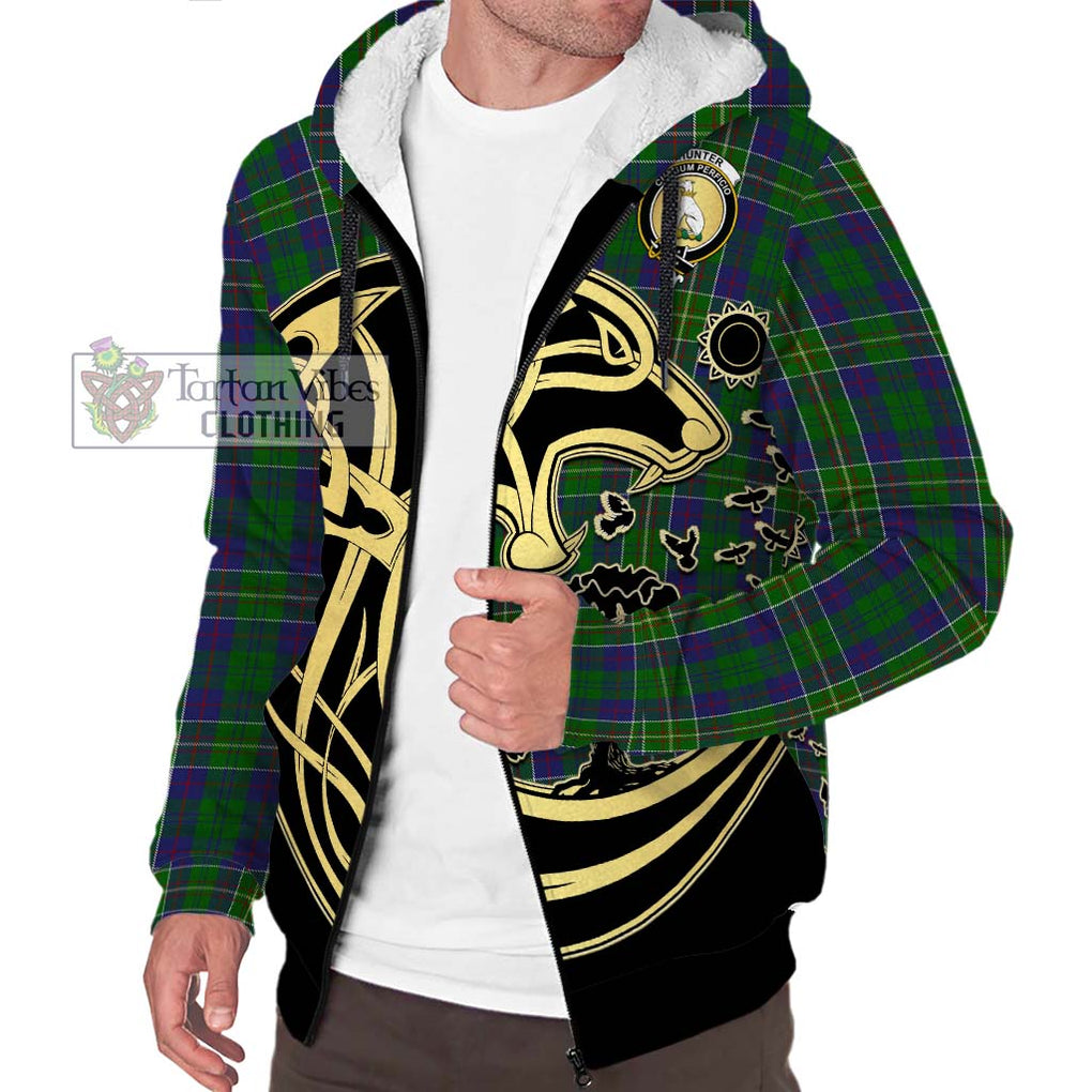 Hunter of Hunterston Tartan Sherpa Hoodie with Family Crest Celtic Wolf Style Unisex S - Tartan Vibes Clothing