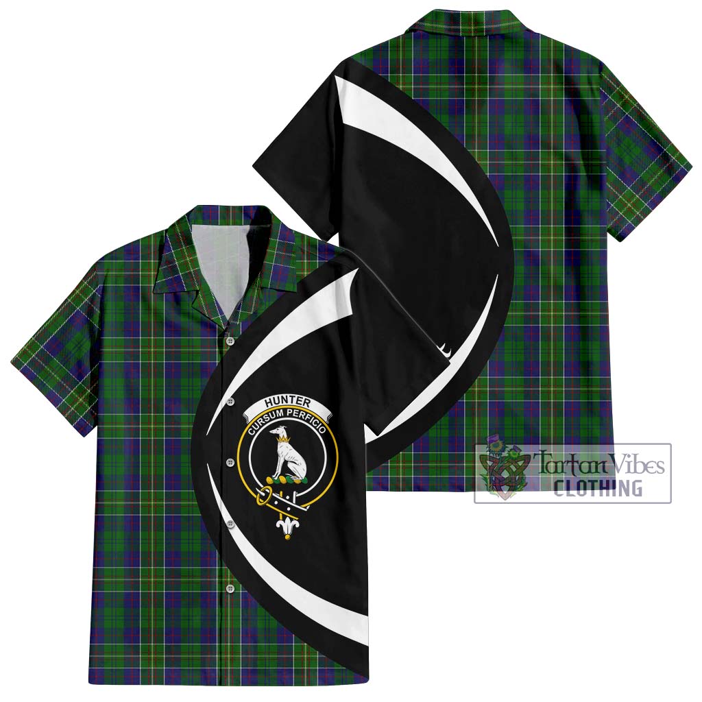 Hunter of Hunterston Tartan Short Sleeve Button Up with Family Crest Circle Style Kid - Tartan Vibes Clothing