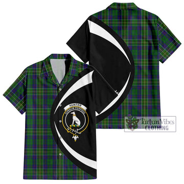 Hunter of Hunterston Tartan Short Sleeve Button Up with Family Crest Circle Style