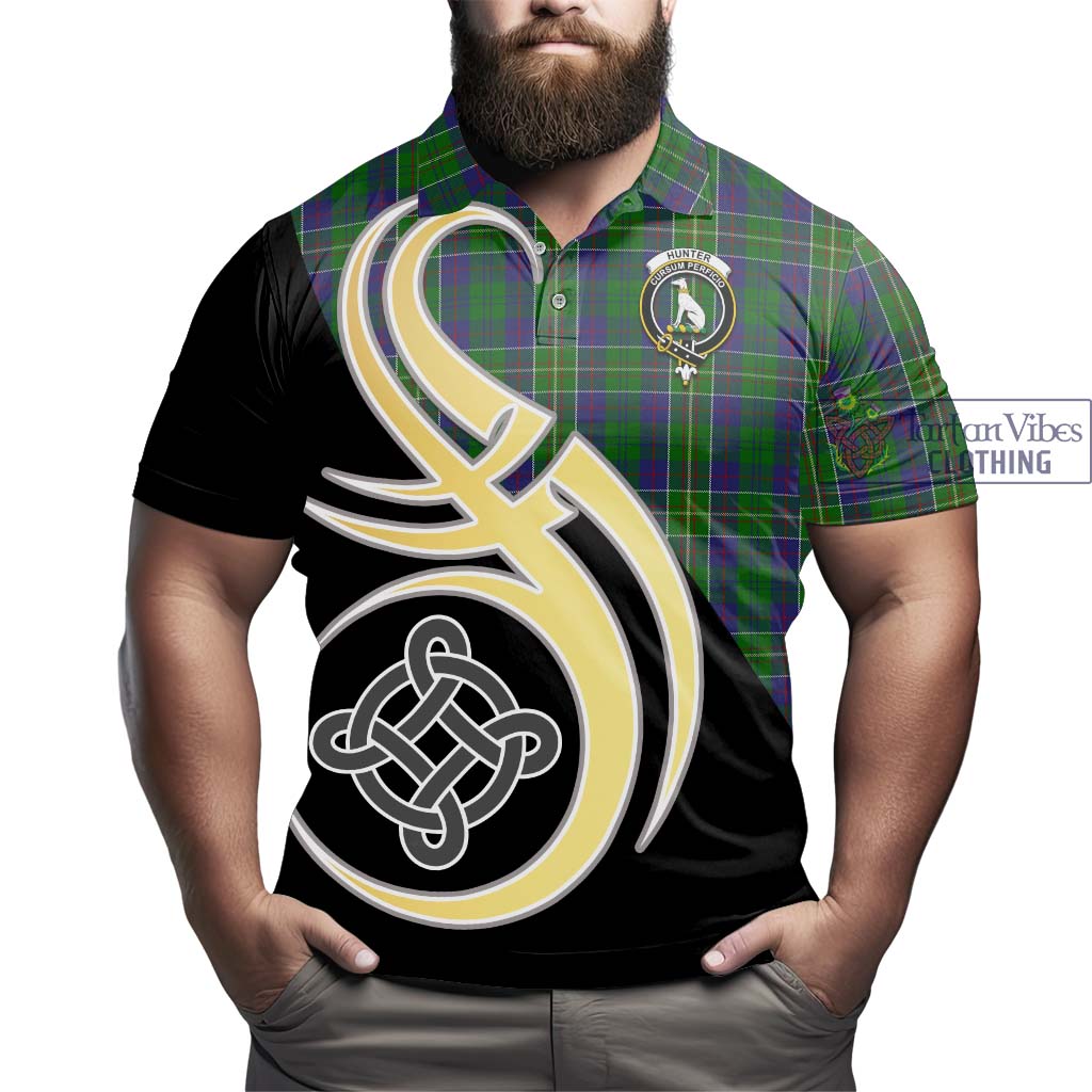 Hunter of Hunterston Tartan Polo Shirt with Family Crest and Celtic Symbol Style - Tartan Vibes Clothing