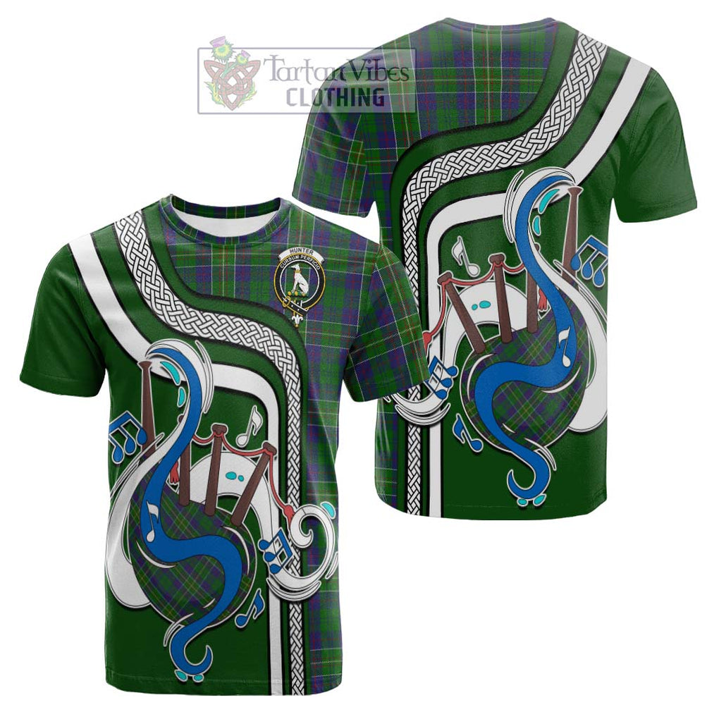 Tartan Vibes Clothing Hunter of Hunterston Tartan Cotton T-shirt with Epic Bagpipe Style