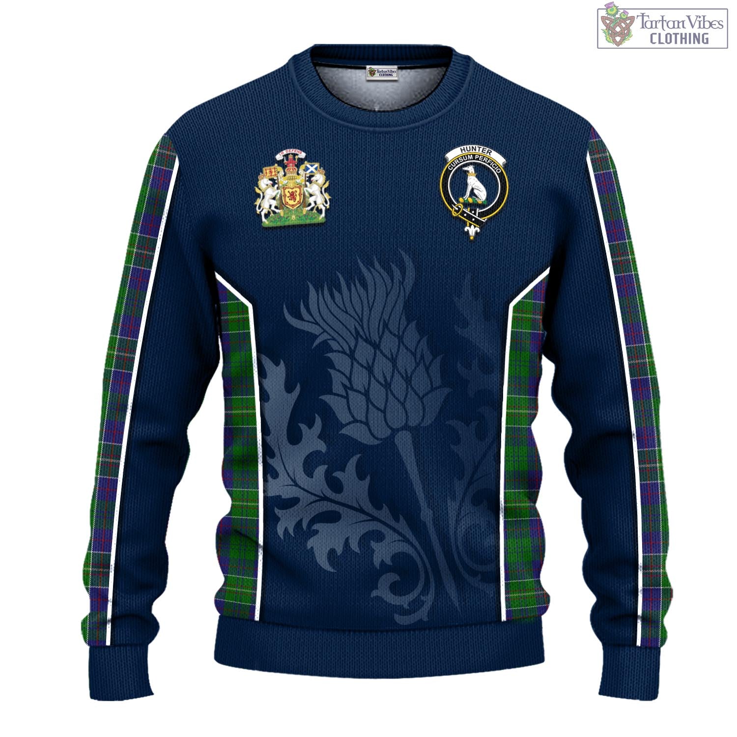 Tartan Vibes Clothing Hunter of Hunterston Tartan Knitted Sweatshirt with Family Crest and Scottish Thistle Vibes Sport Style