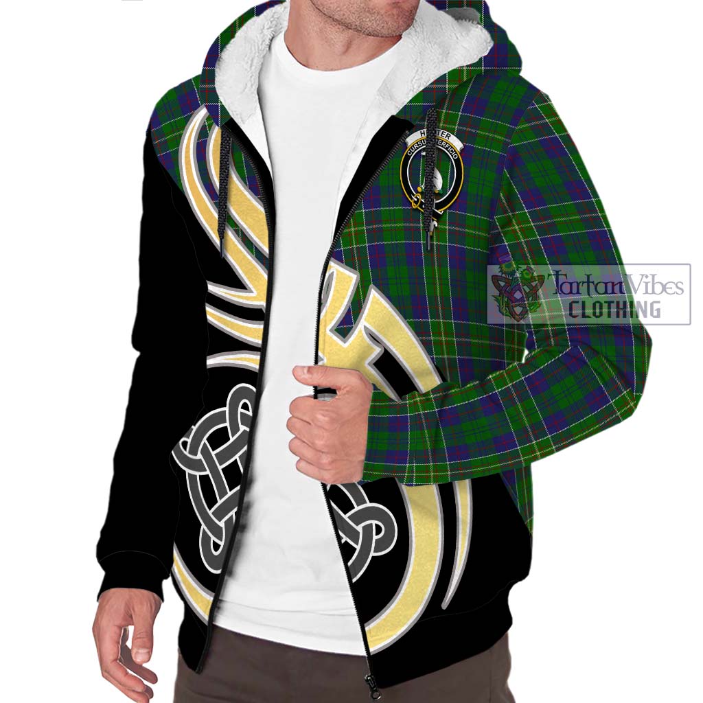 Hunter of Hunterston Tartan Sherpa Hoodie with Family Crest and Celtic Symbol Style - Tartan Vibes Clothing