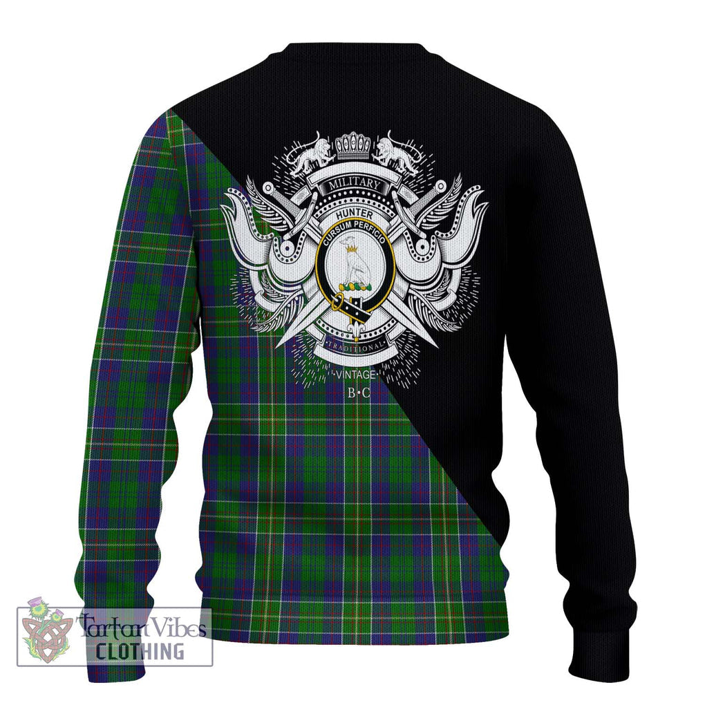 Hunter of Hunterston Tartan Knitted Sweater with Family Crest and Military Logo Style - Tartanvibesclothing Shop