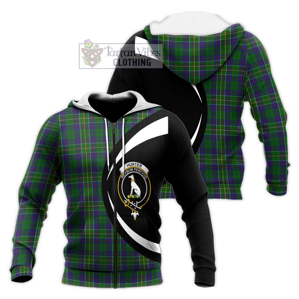 Hunter of Hunterston Tartan Knitted Hoodie with Family Crest Circle Style Unisex Knitted Zip Hoodie - Tartan Vibes Clothing