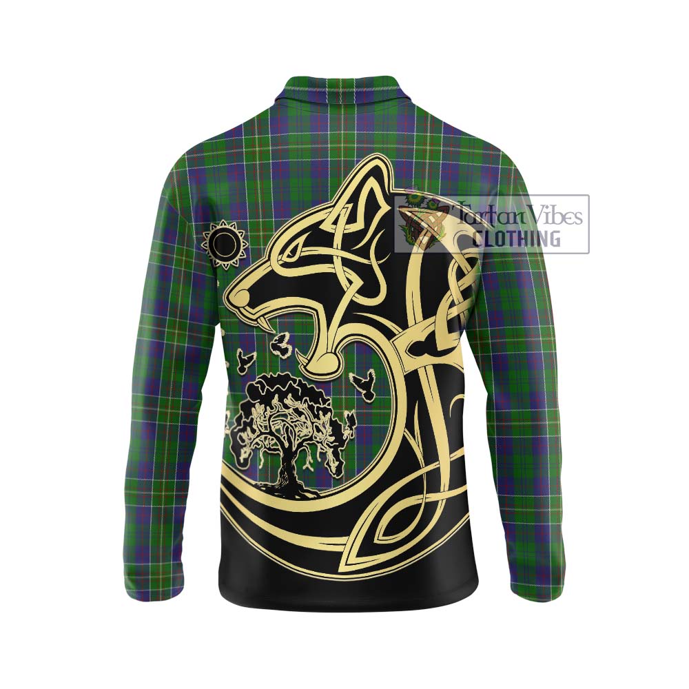 Hunter of Hunterston Tartan Long Sleeve Polo Shirt with Family Crest Celtic Wolf Style - Tartanvibesclothing Shop