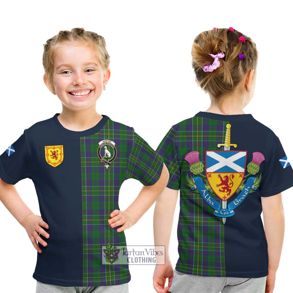 Tartan Vibes Clothing Hunter of Hunterston Tartan Kid T-Shirt with Scottish Lion Royal Arm Half Style