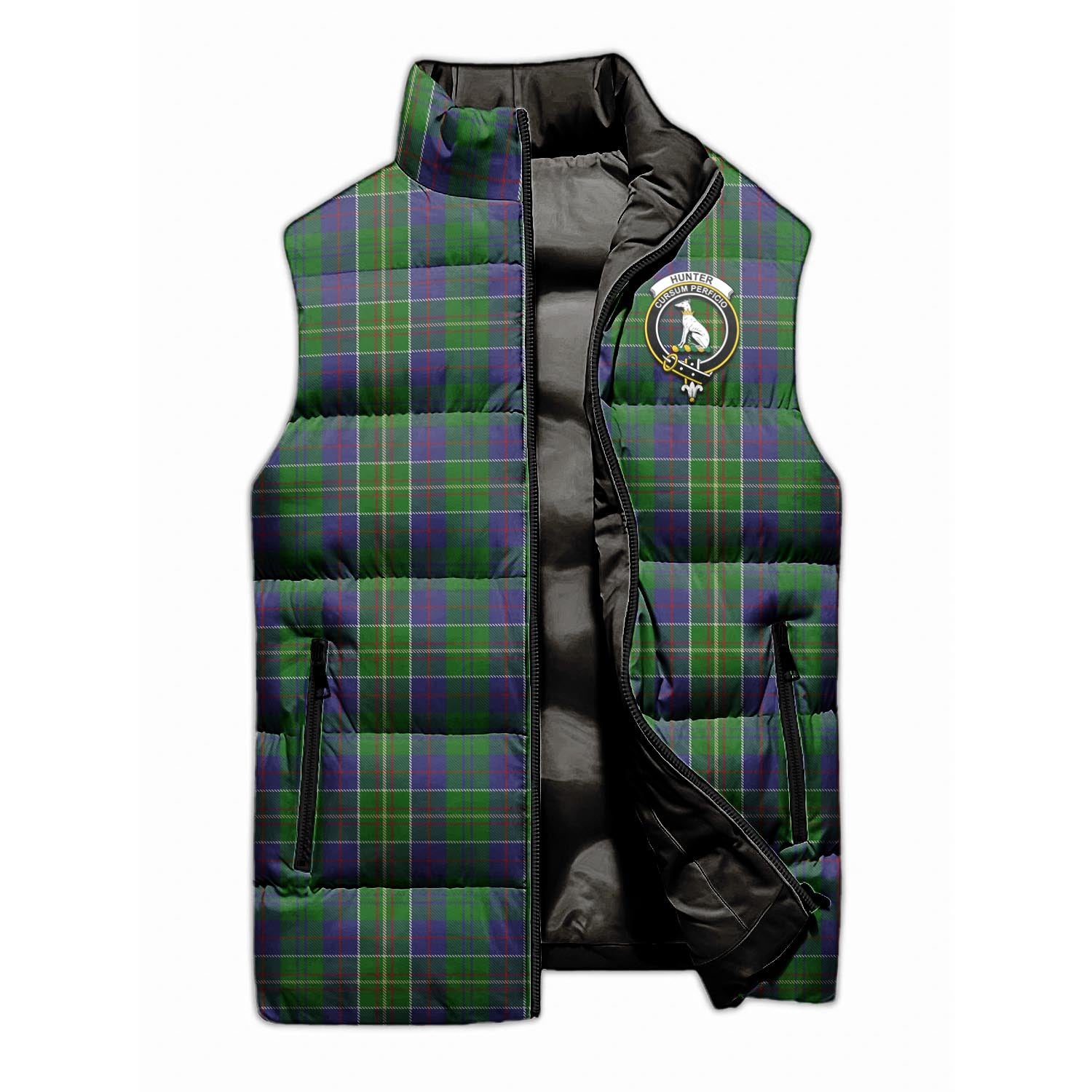 Hunter of Hunterston Tartan Sleeveless Puffer Jacket with Family Crest - Tartanvibesclothing