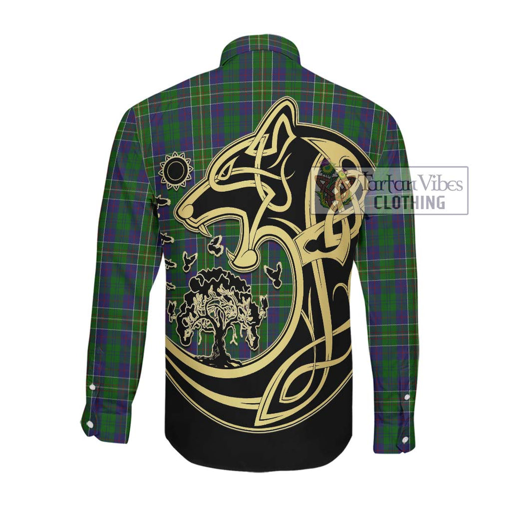 Hunter of Hunterston Tartan Long Sleeve Button Shirt with Family Crest Celtic Wolf Style Men's Shirt - Tartan Vibes Clothing