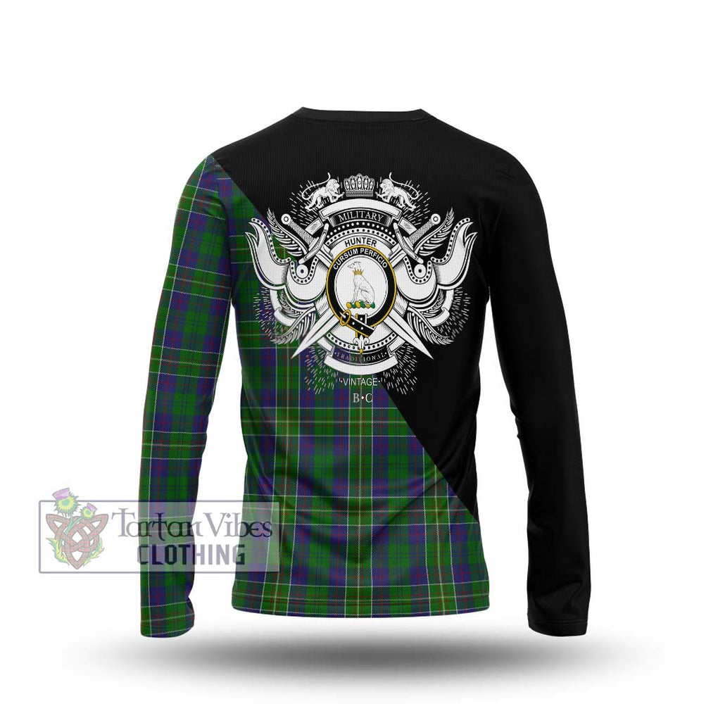 Hunter of Hunterston Tartan Long Sleeve T-Shirt with Family Crest and Military Logo Style - Tartanvibesclothing Shop