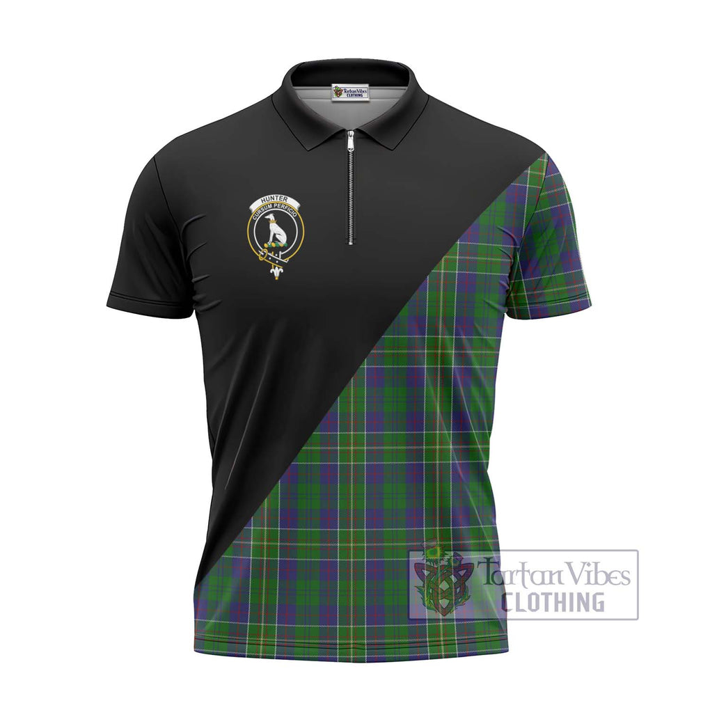 Hunter of Hunterston Tartan Zipper Polo Shirt with Family Crest and Military Logo Style - Tartanvibesclothing Shop