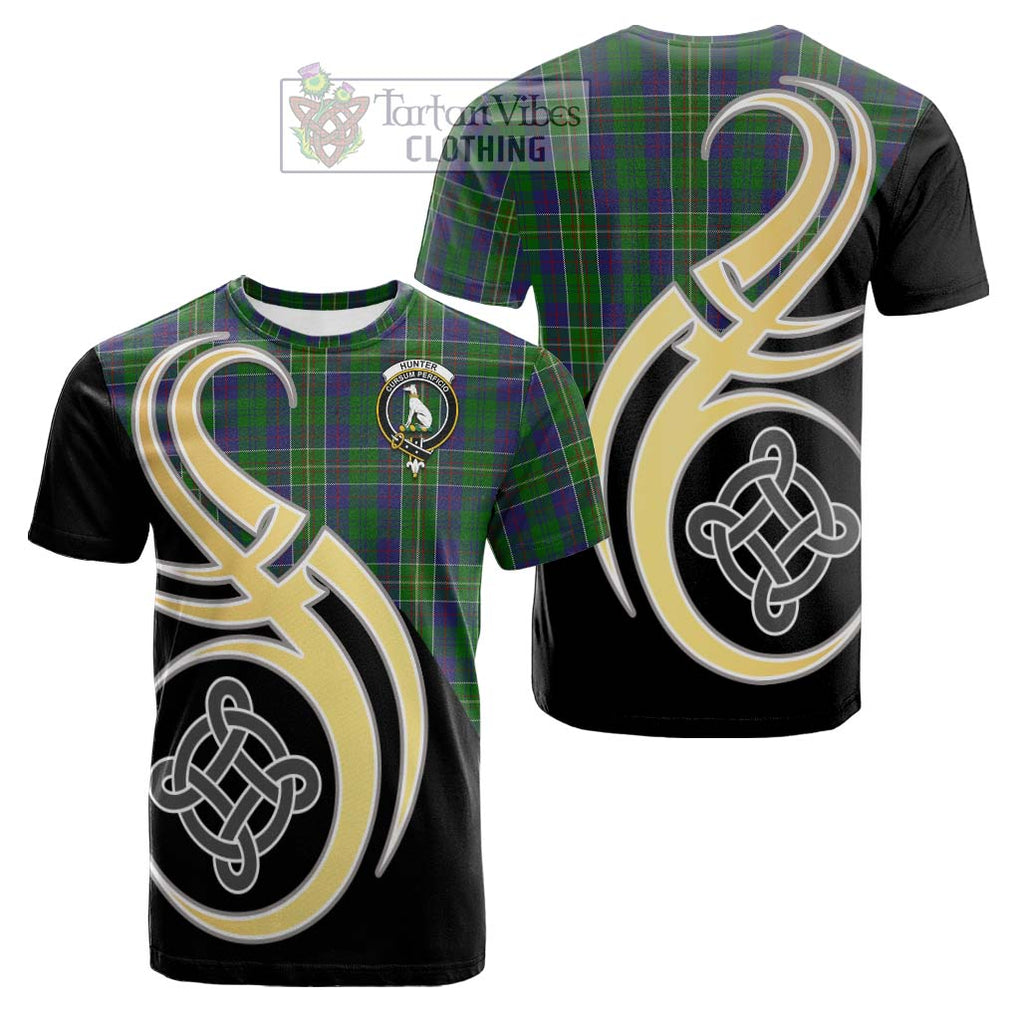 Tartan Vibes Clothing Hunter of Hunterston Tartan Cotton T-shirt with Family Crest and Celtic Symbol Style