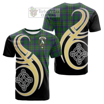 Hunter of Hunterston Tartan Cotton T-shirt with Family Crest and Celtic Symbol Style