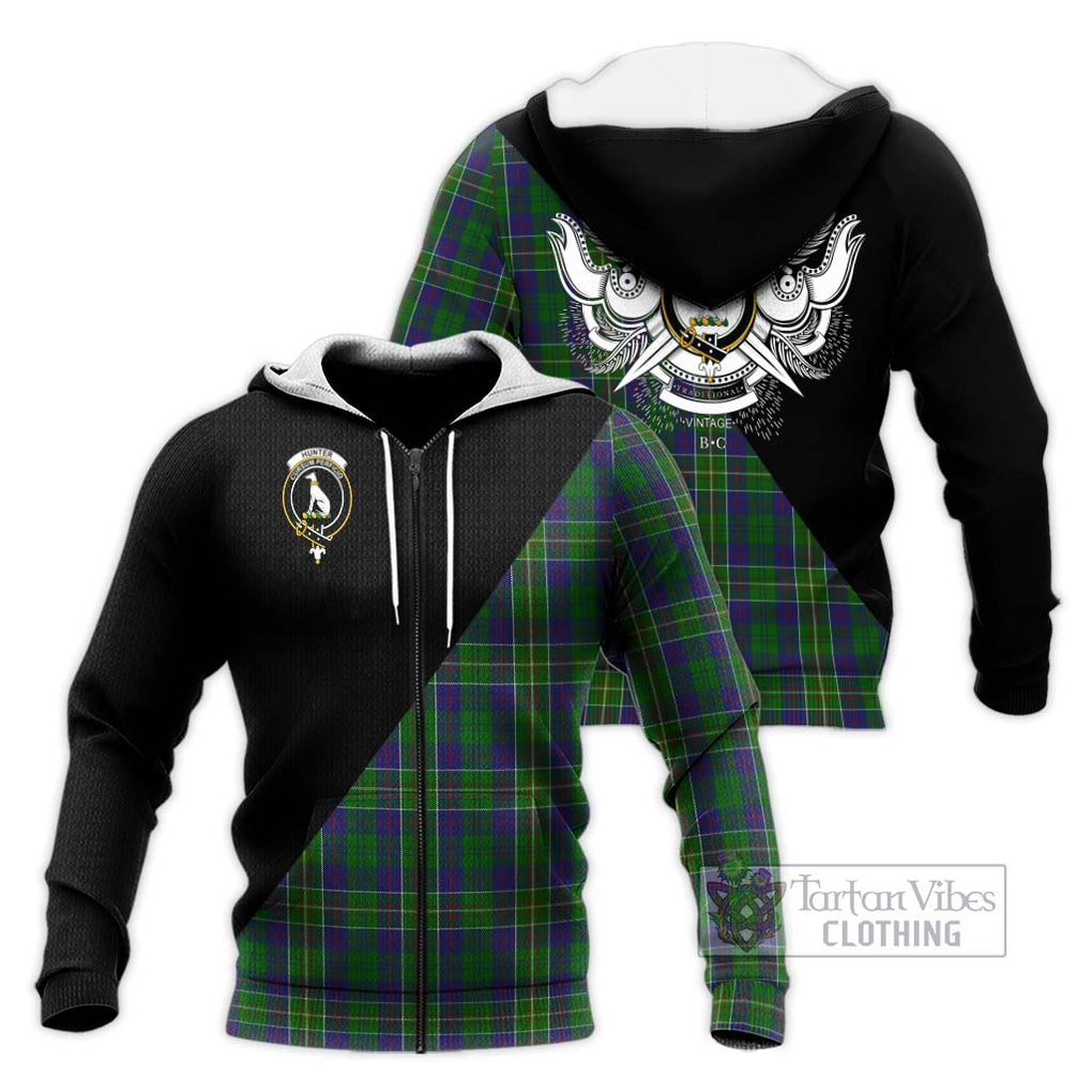 Hunter of Hunterston Tartan Knitted Hoodie with Family Crest and Military Logo Style Unisex Knitted Zip Hoodie - Tartanvibesclothing Shop