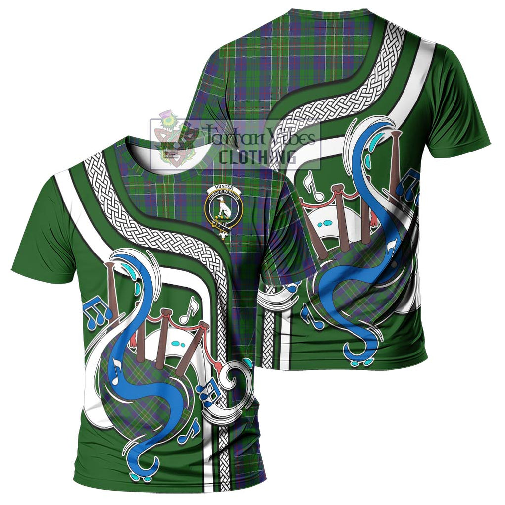 Hunter of Hunterston Tartan T-Shirt with Epic Bagpipe Style - Tartanvibesclothing Shop