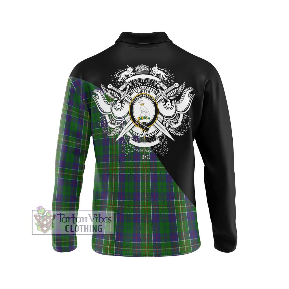 Hunter of Hunterston Tartan Long Sleeve Polo Shirt with Family Crest and Military Logo Style - Tartanvibesclothing Shop