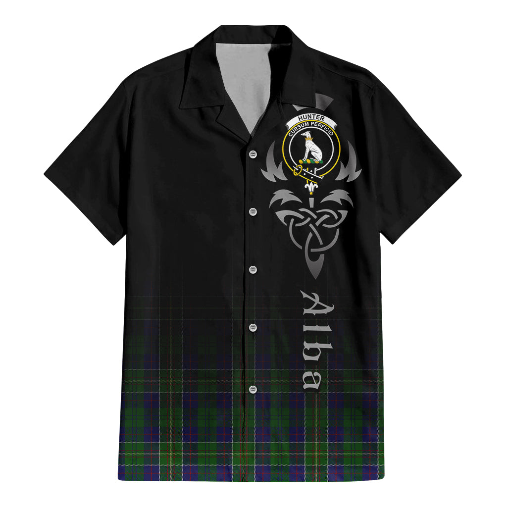 Tartan Vibes Clothing Hunter of Hunterston Tartan Short Sleeve Button Up Featuring Alba Gu Brath Family Crest Celtic Inspired