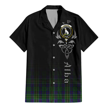 Hunter of Hunterston Tartan Short Sleeve Button Up Shirt Featuring Alba Gu Brath Family Crest Celtic Inspired