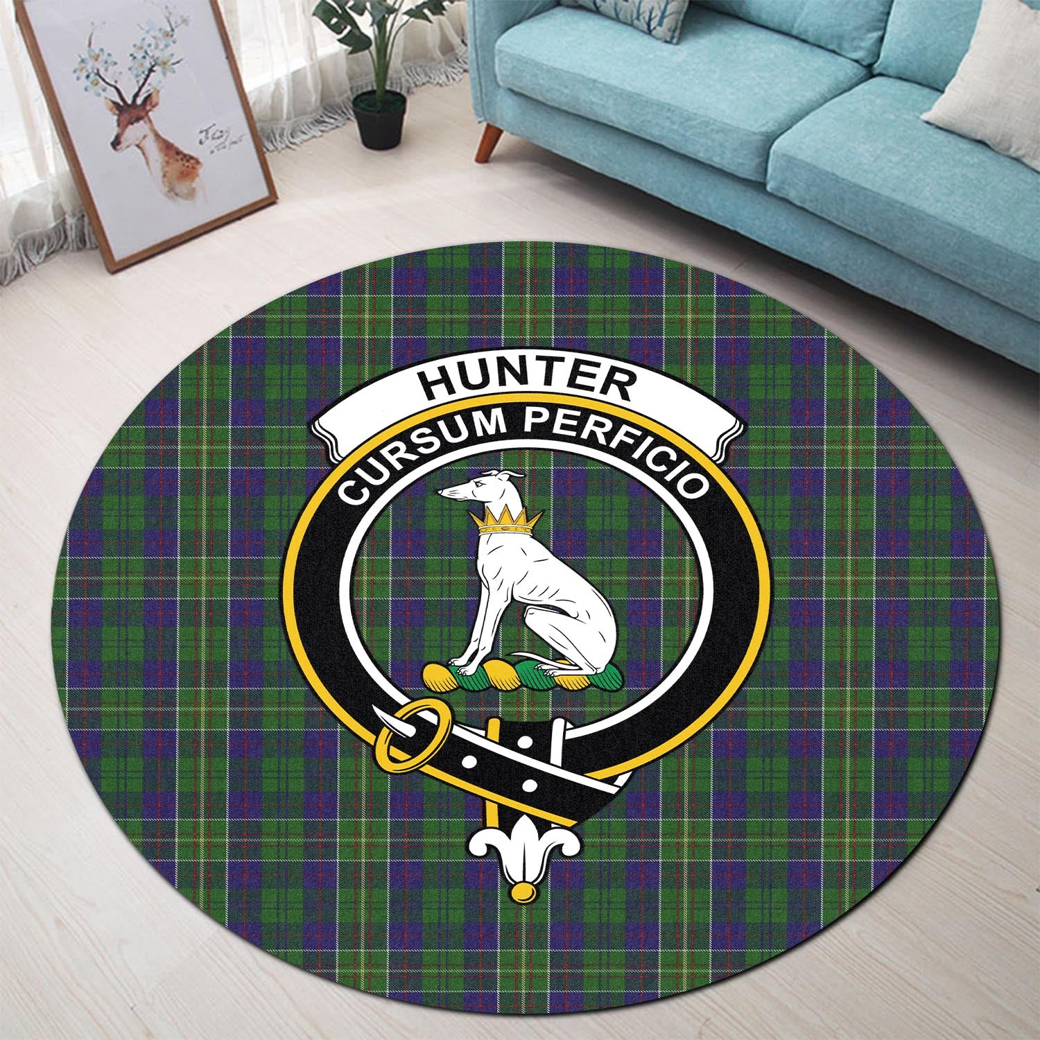 hunter-of-hunterston-tartan-round-rug-with-family-crest