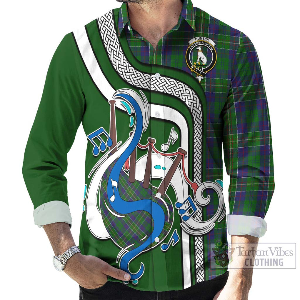 Hunter of Hunterston Tartan Long Sleeve Button Shirt with Epic Bagpipe Style - Tartanvibesclothing Shop