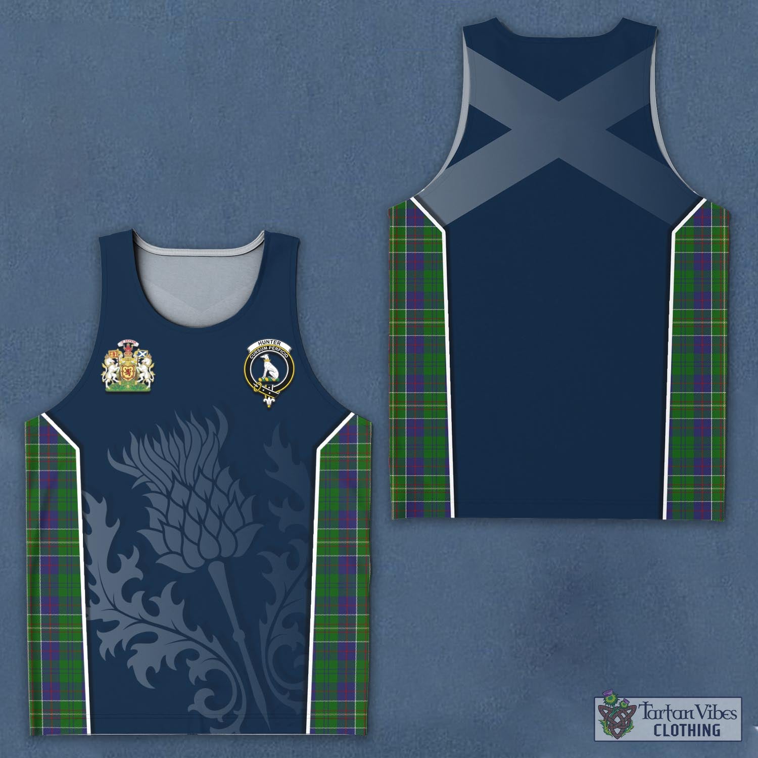 Tartan Vibes Clothing Hunter of Hunterston Tartan Men's Tanks Top with Family Crest and Scottish Thistle Vibes Sport Style