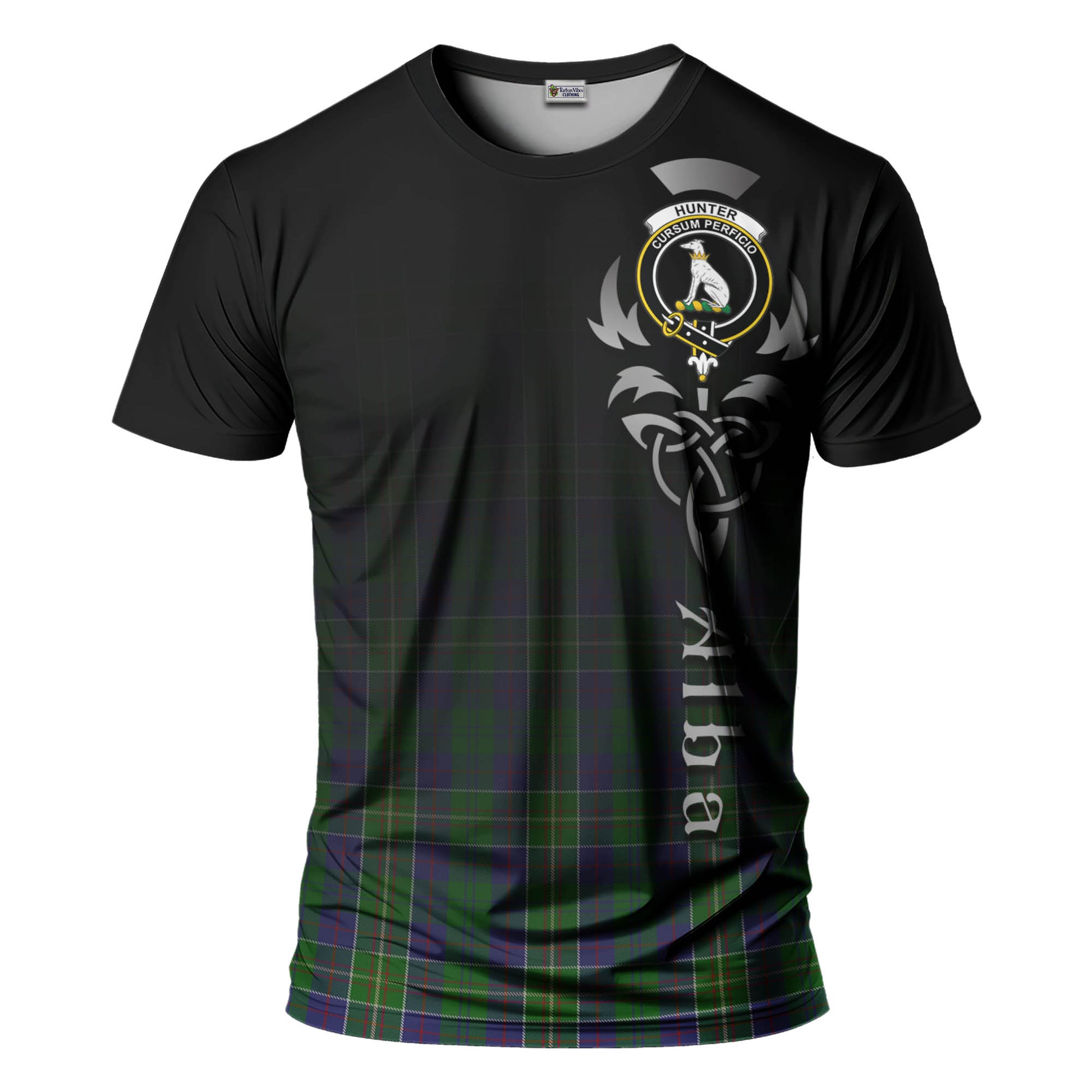 Tartan Vibes Clothing Hunter of Hunterston Tartan T-Shirt Featuring Alba Gu Brath Family Crest Celtic Inspired