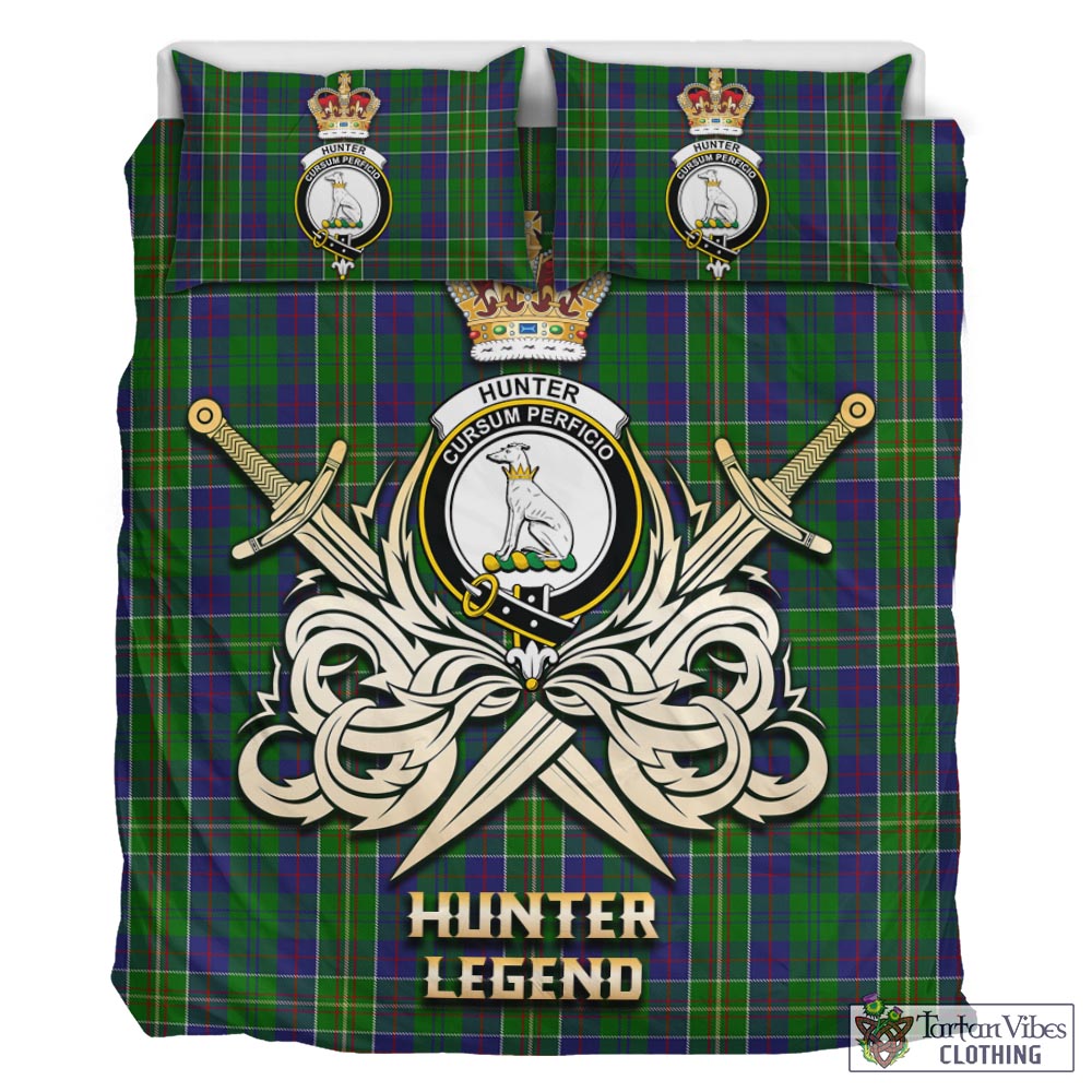 Tartan Vibes Clothing Hunter of Hunterston Tartan Bedding Set with Clan Crest and the Golden Sword of Courageous Legacy