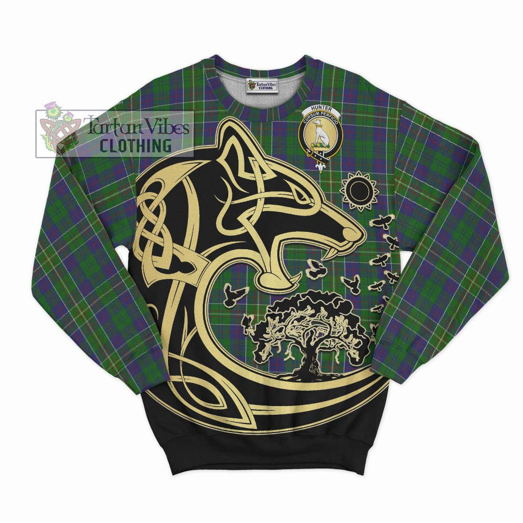 Hunter of Hunterston Tartan Sweatshirt with Family Crest Celtic Wolf Style - Tartan Vibes Clothing