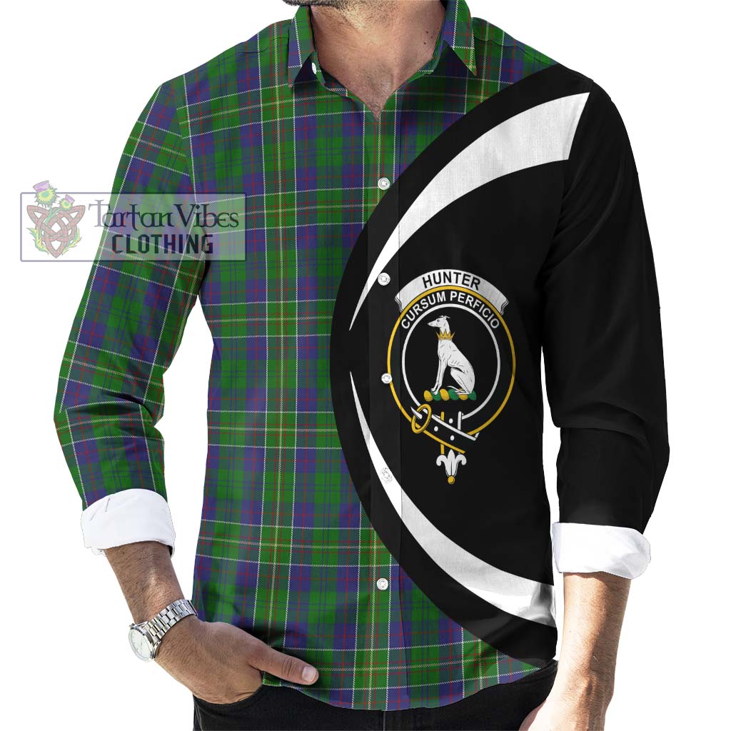 Hunter of Hunterston Tartan Long Sleeve Button Up with Family Crest Circle Style - Tartan Vibes Clothing